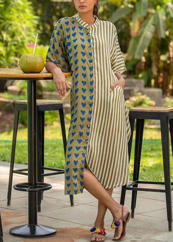 Green Print Patchwork Long Shirts Dresses Half Sleeve - Image 3