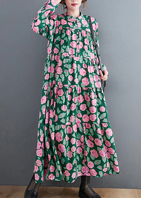 Green Print Patchwork Maxi Dresses Wrinkled Long Sleeve - Image 2