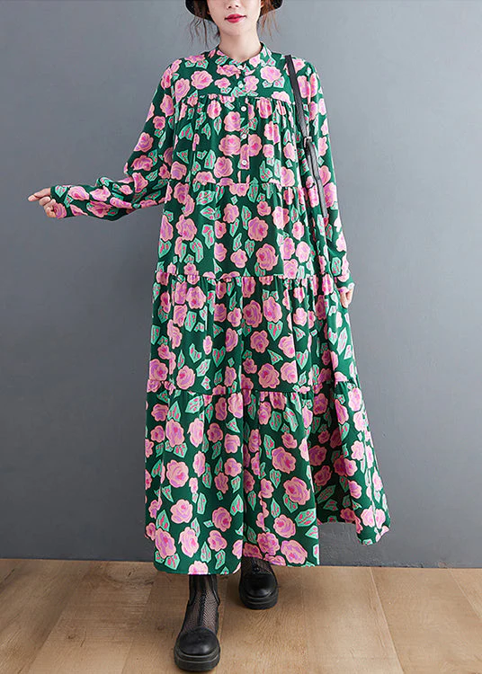 Green Print Patchwork Maxi Dresses Wrinkled Long Sleeve - Image 3