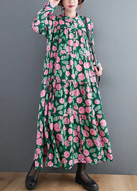 Green Print Patchwork Maxi Dresses Wrinkled Long Sleeve - Image 4