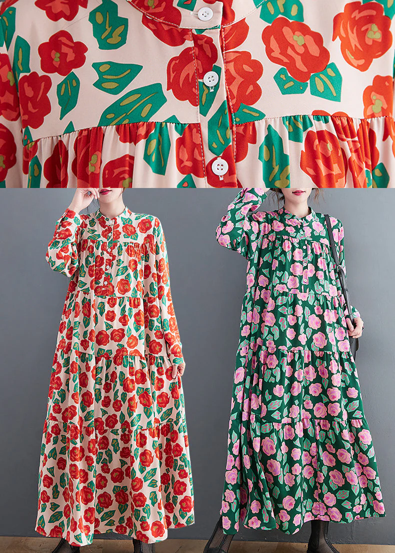 Green Print Patchwork Maxi Dresses Wrinkled Long Sleeve - Image 5