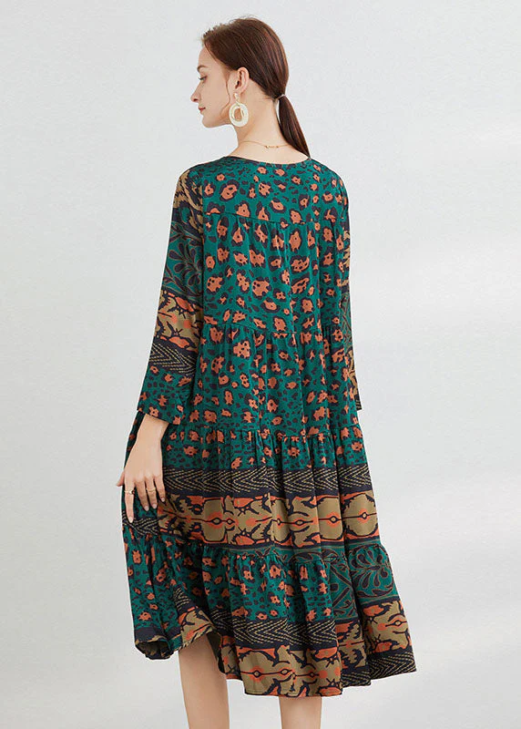 Green Print Patchwork Satin Loose Dresses Spring - Image 4
