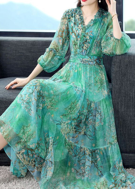 Green Print Patchwork Silk Dress Ruffled Lantern Sleeve - Image 2