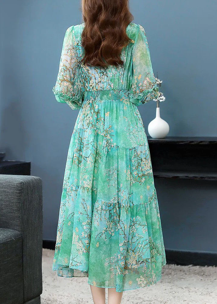 Green Print Patchwork Silk Dress Ruffled Lantern Sleeve - Image 3