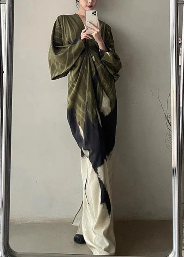 Green Print Patchwork Wrinkled Long Dress Long Sleeve - Image 3