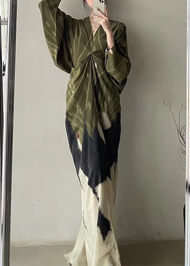 Green Print Patchwork Wrinkled Long Dress Long Sleeve - Image 4