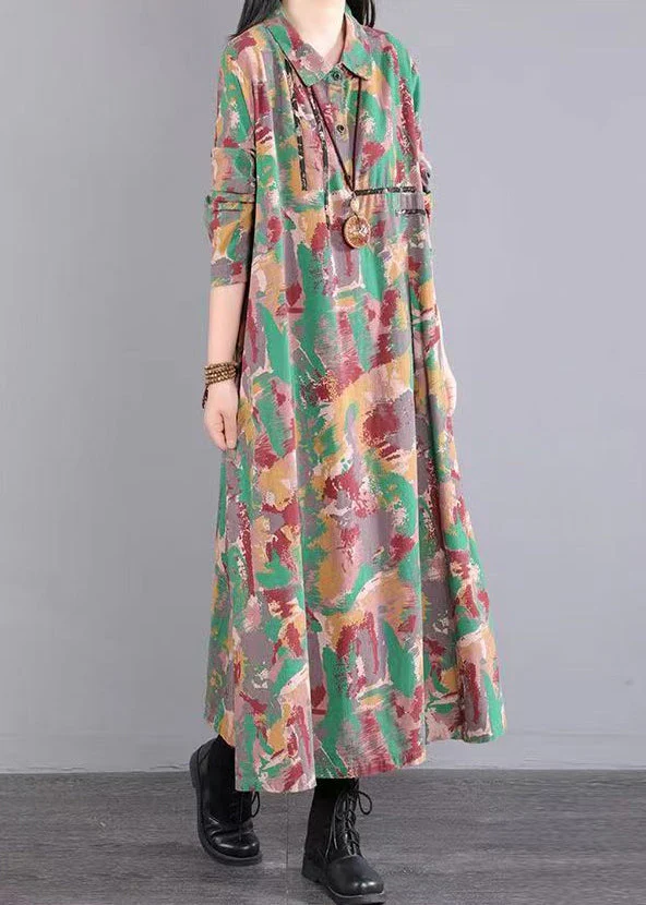 Green Print Pockets Patchwork Cotton Long Dress Peter Pan Collar Fall - Image 2