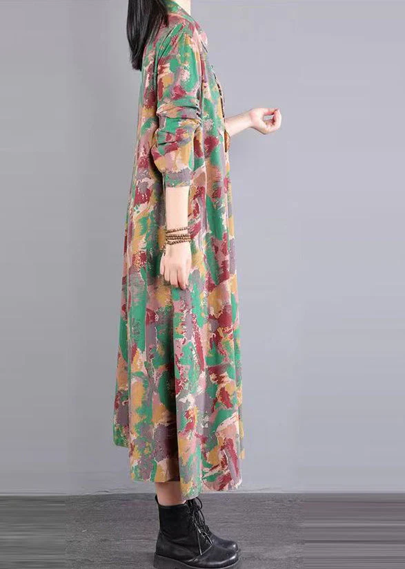 Green Print Pockets Patchwork Cotton Long Dress Peter Pan Collar Fall - Image 3