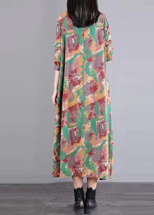 Green Print Pockets Patchwork Cotton Long Dress Peter Pan Collar Fall - Image 4