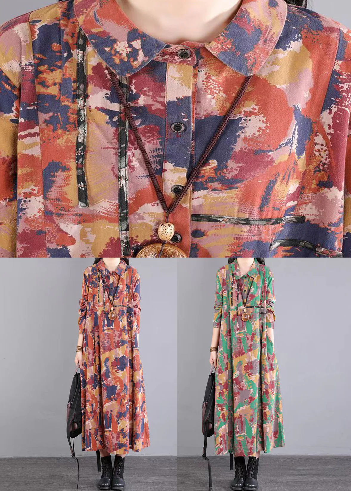 Green Print Pockets Patchwork Cotton Long Dress Peter Pan Collar Fall - Image 5