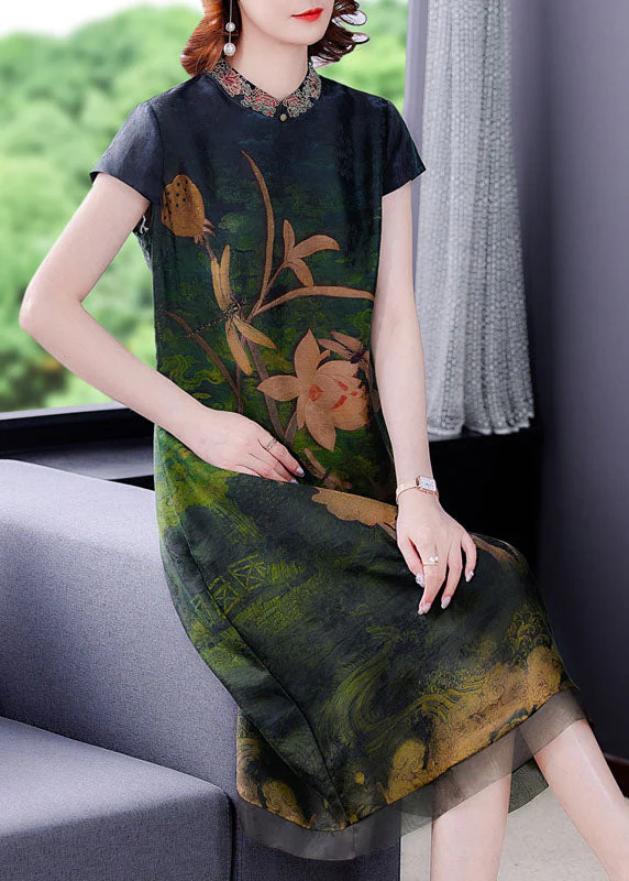 Green Print Silk Dress Embroideried Short Sleeve - Image 3