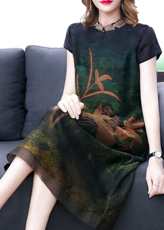 Green Print Silk Dress Embroideried Short Sleeve - Image 4