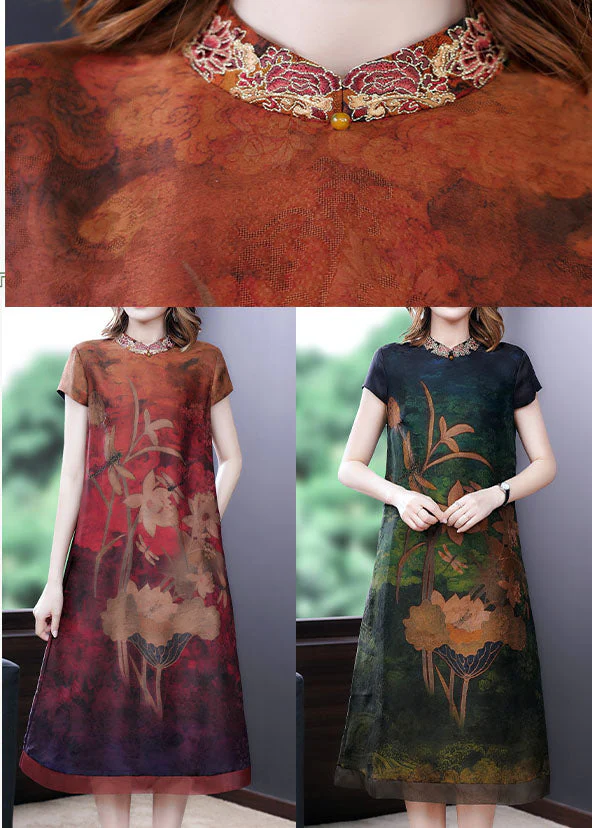 Green Print Silk Dress Embroideried Short Sleeve - Image 5