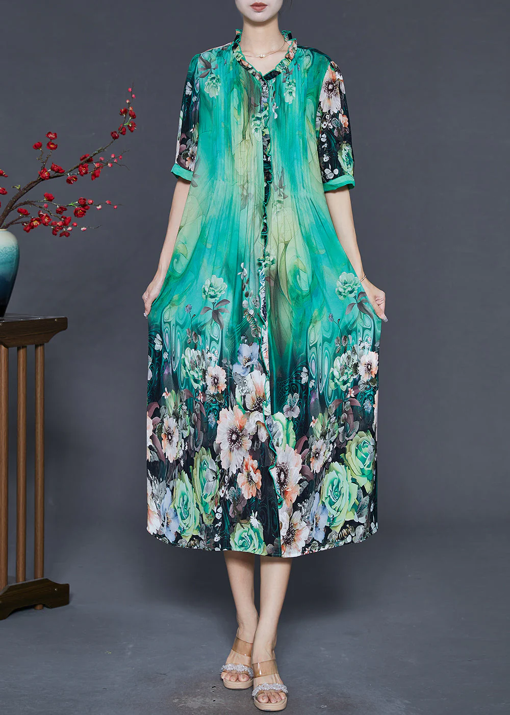 Green Print Silk Dress Ruffled Wrinkled Summer - Image 2