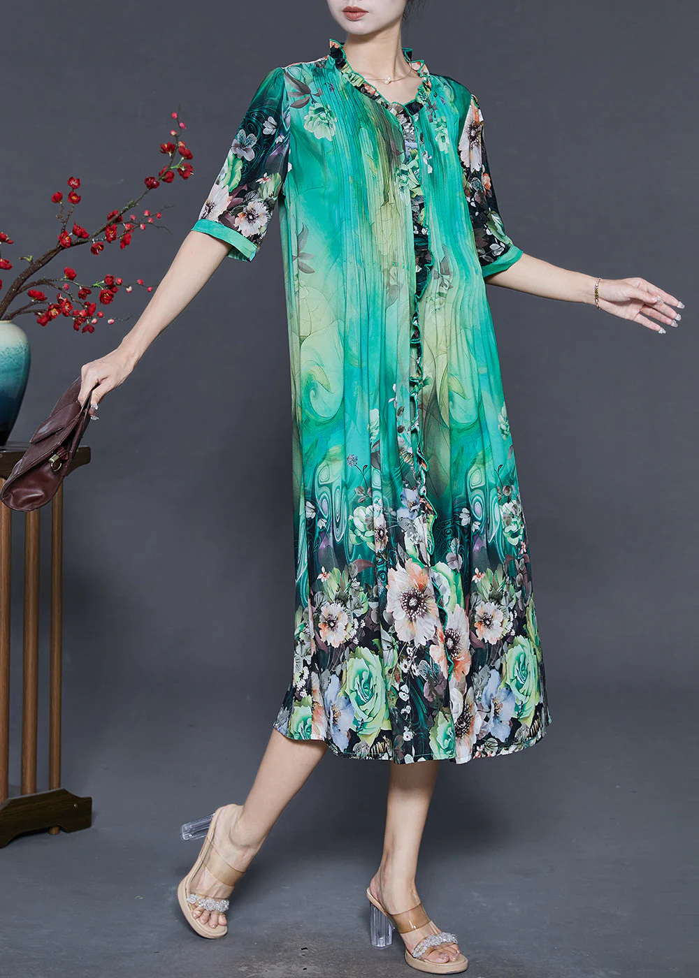 Green Print Silk Dress Ruffled Wrinkled Summer - Image 3