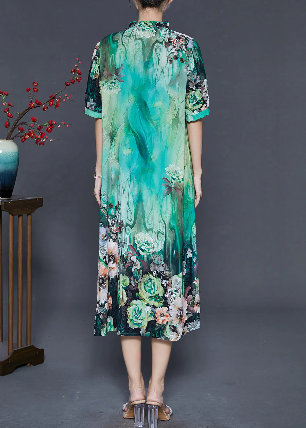Green Print Silk Dress Ruffled Wrinkled Summer - Image 4