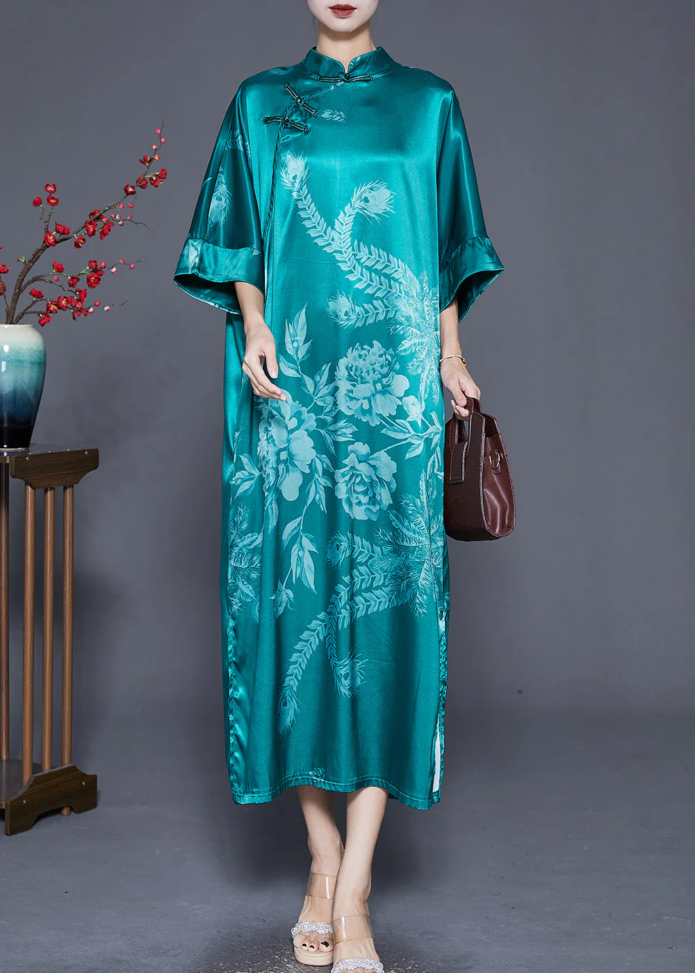 Green Print Silk Dresses Chinese Style Chinese Button Summer - Image 2
