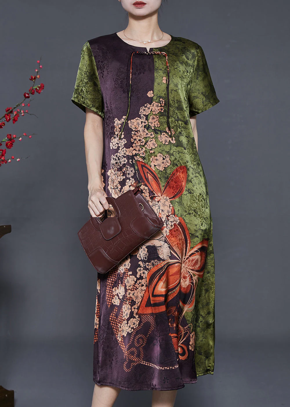 Green Print Silk Holiday Dress Chinese Button Summer - Image 2