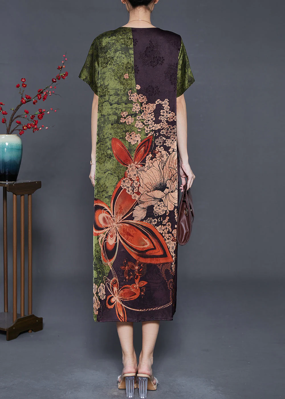 Green Print Silk Holiday Dress Chinese Button Summer - Image 4