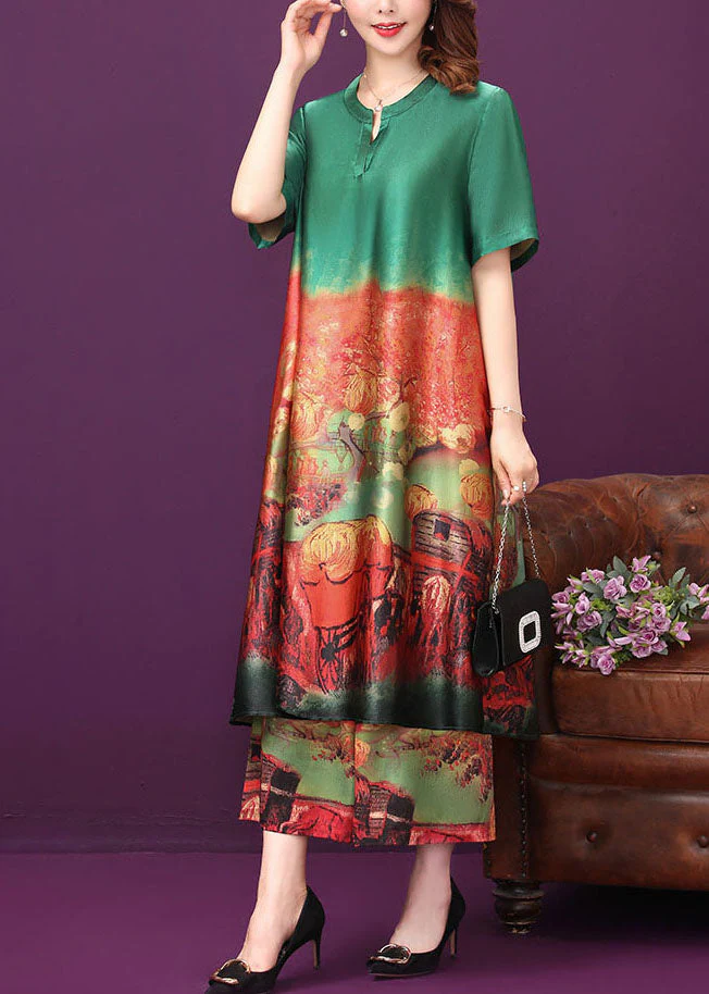 Green Print Silk Long Dress And Wide Leg Pants Two Piece Suit Set V Neck Summer - Image 2