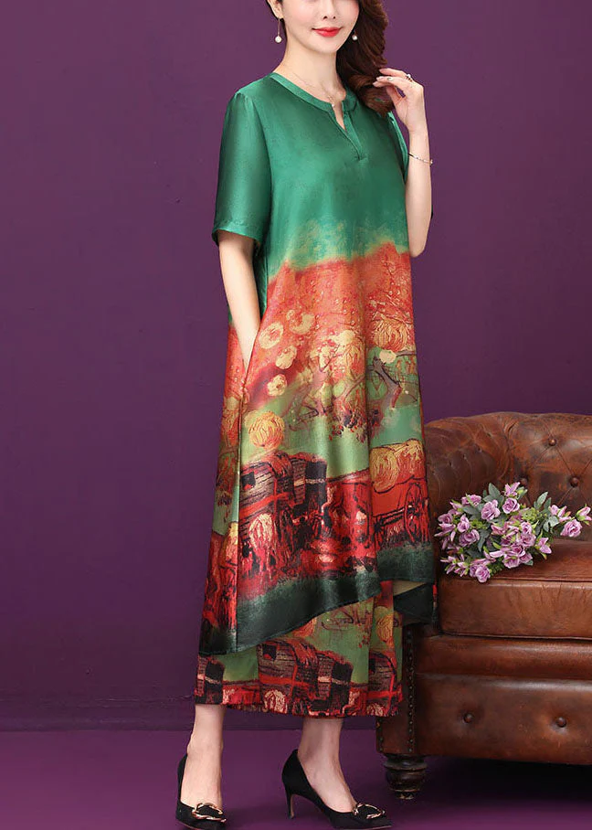 Green Print Silk Long Dress And Wide Leg Pants Two Piece Suit Set V Neck Summer - Image 3