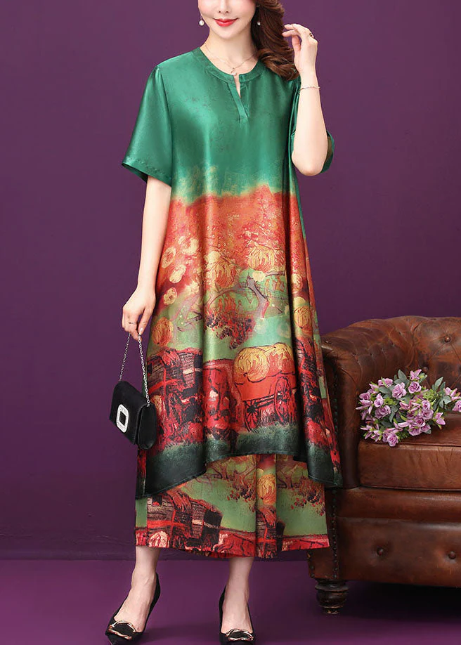 Green Print Silk Long Dress And Wide Leg Pants Two Piece Suit Set V Neck Summer - Image 4