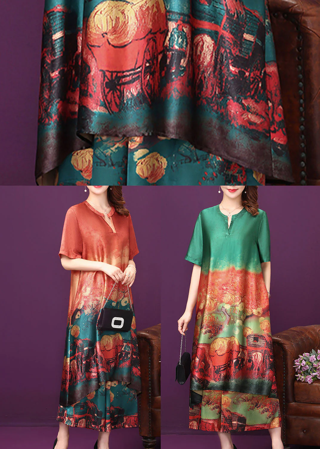 Green Print Silk Long Dress And Wide Leg Pants Two Piece Suit Set V Neck Summer - Image 5