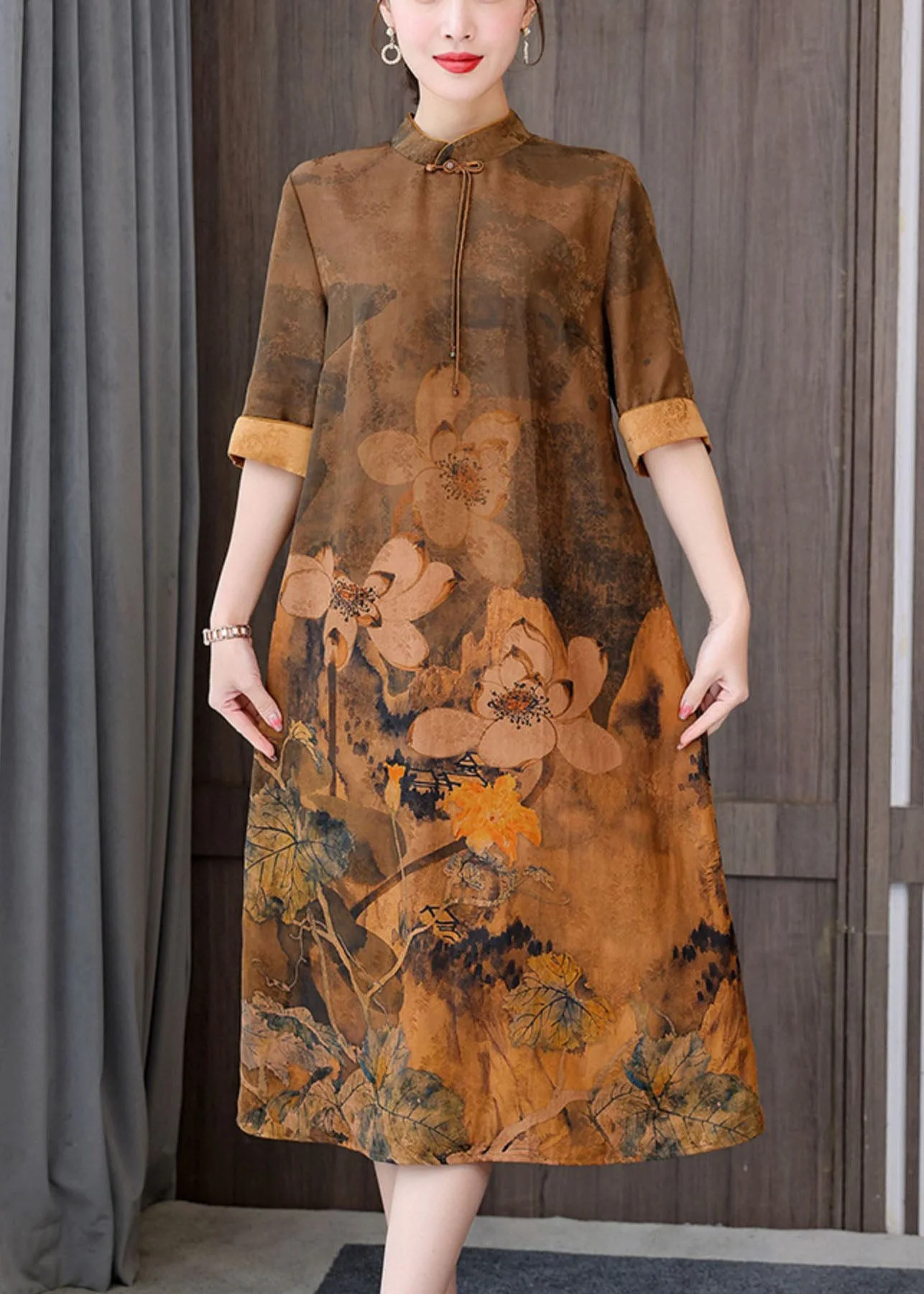 Green Print Silk Long Dress Mandarin Collar Zippered Short Sleeve - Image 2