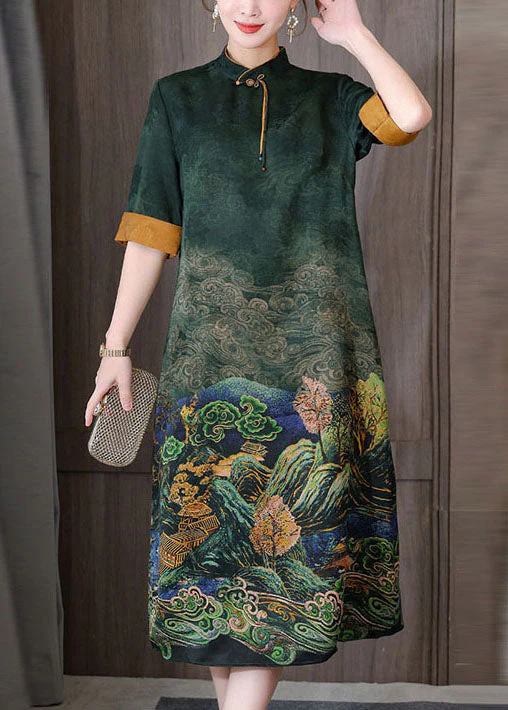 Green Print Silk Long Dress Mandarin Collar Zippered Short Sleeve - Image 3