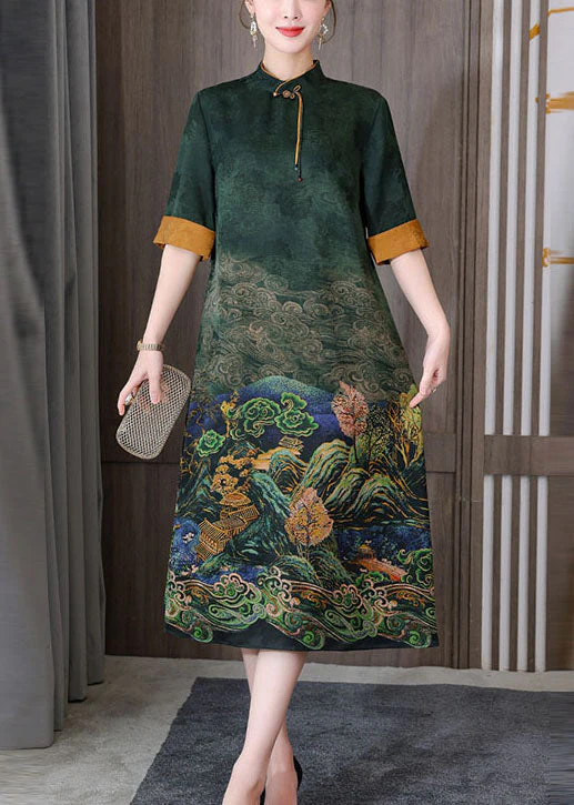 Green Print Silk Long Dress Mandarin Collar Zippered Short Sleeve - Image 4