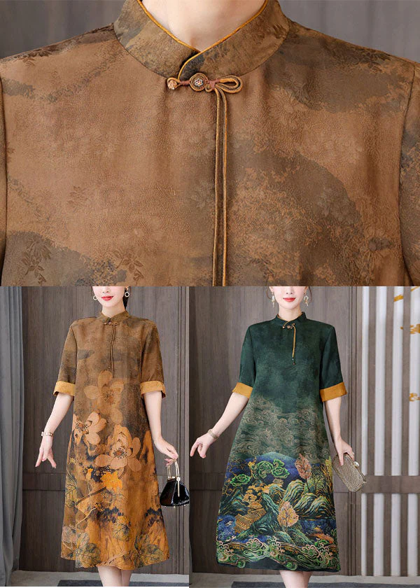 Green Print Silk Long Dress Mandarin Collar Zippered Short Sleeve - Image 5