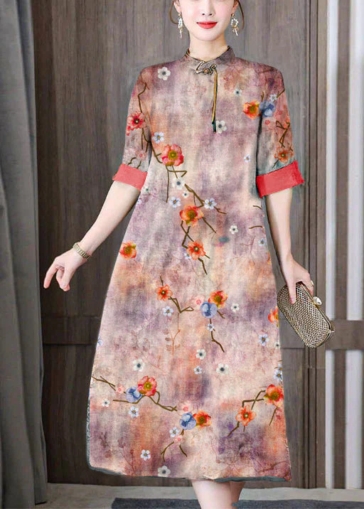 Green Print Silk Long Dress Mandarin Collar Zippered Short Sleeve - Image 6