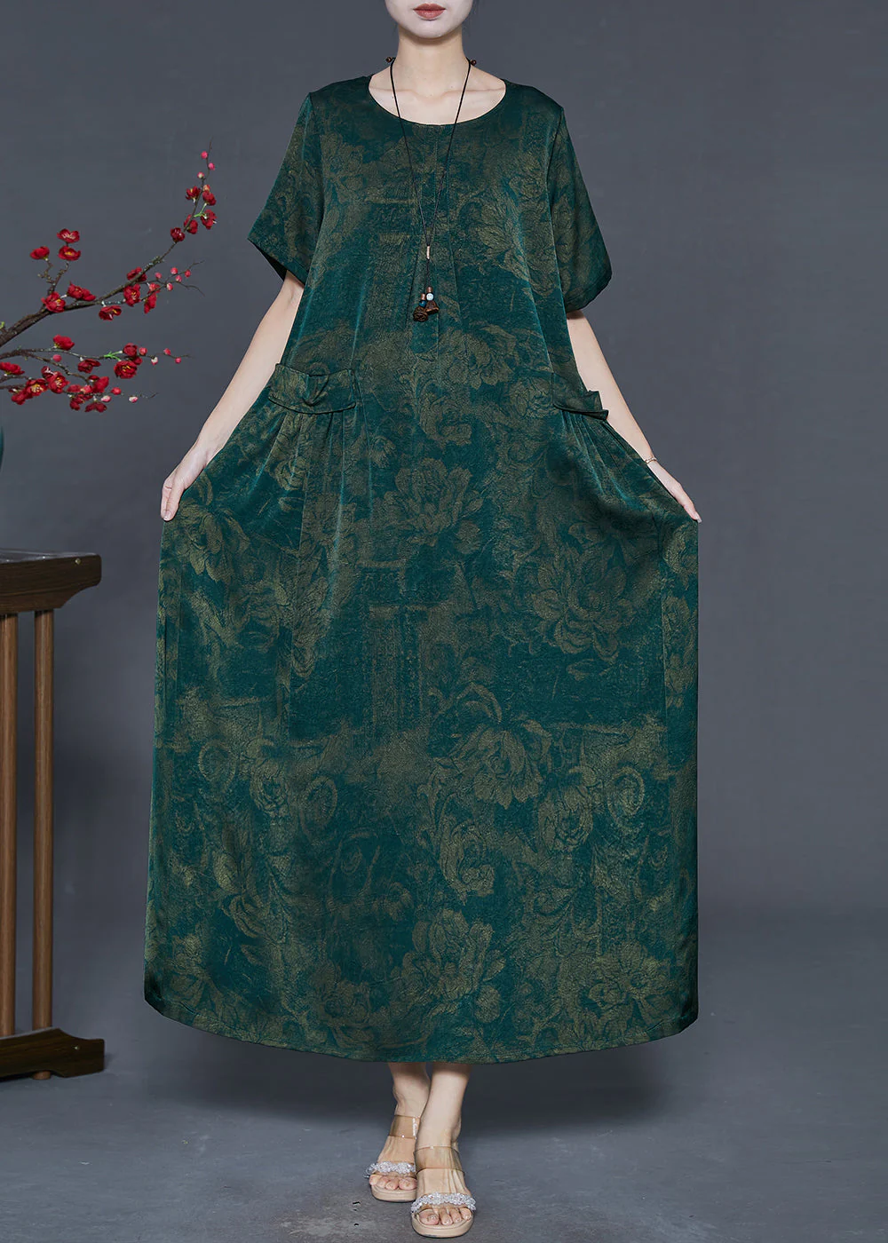 Green Print Silk Vacation Dresses Oversized Pockets Summer - Image 2
