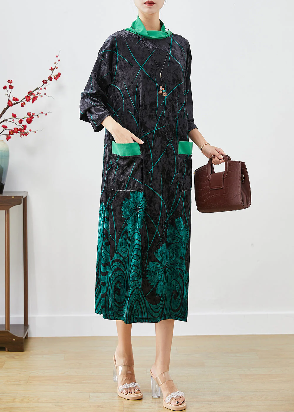 Green Print Silk Velour Maxi Dresses Turtle Neck Half Sleeve - Image 2