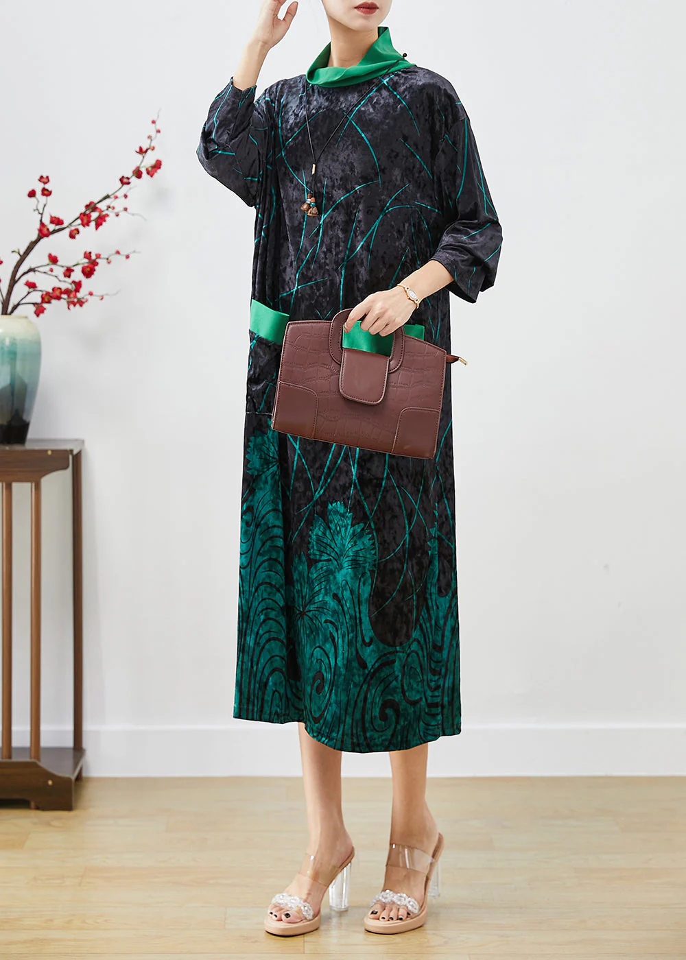 Green Print Silk Velour Maxi Dresses Turtle Neck Half Sleeve - Image 3