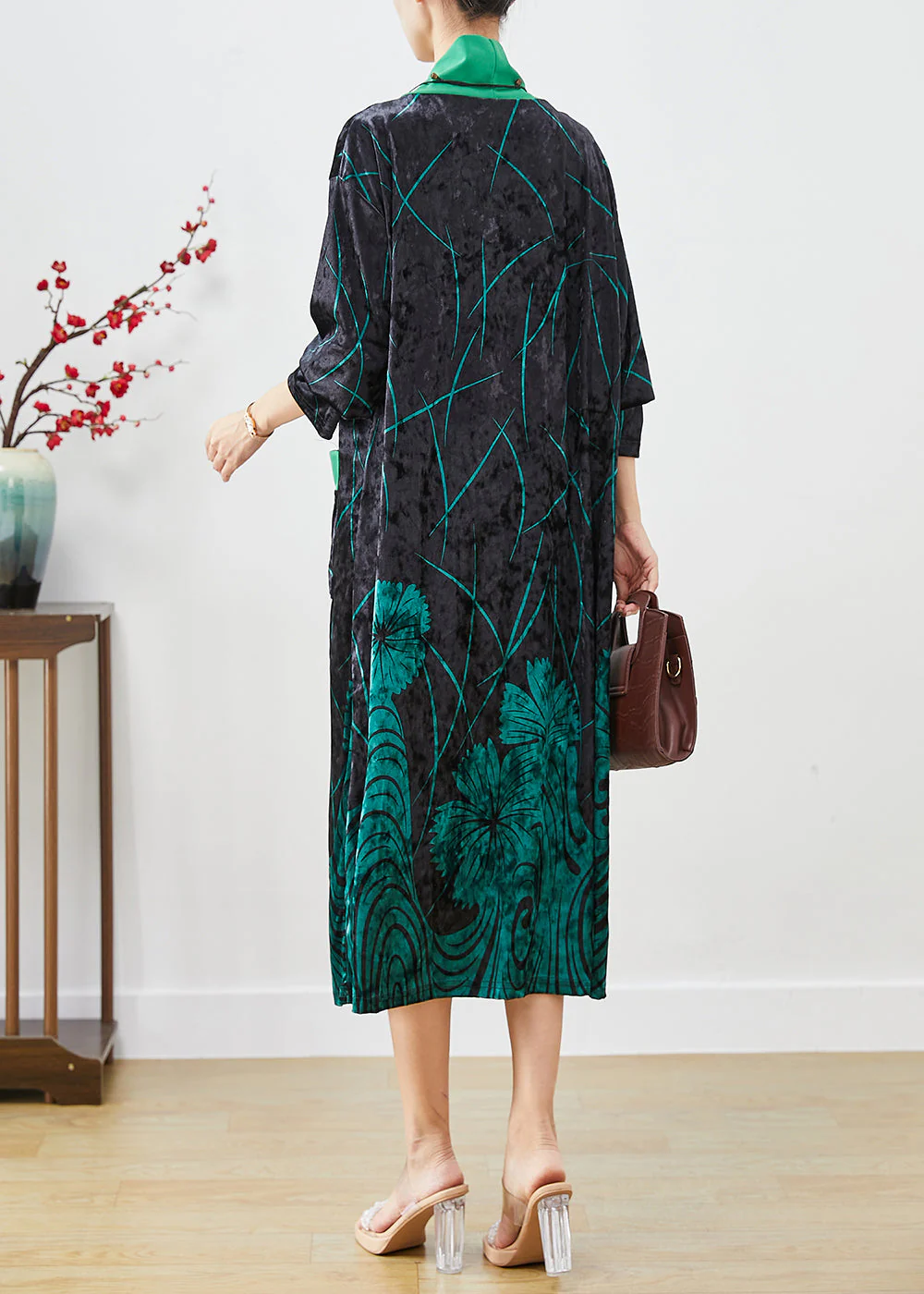 Green Print Silk Velour Maxi Dresses Turtle Neck Half Sleeve - Image 4