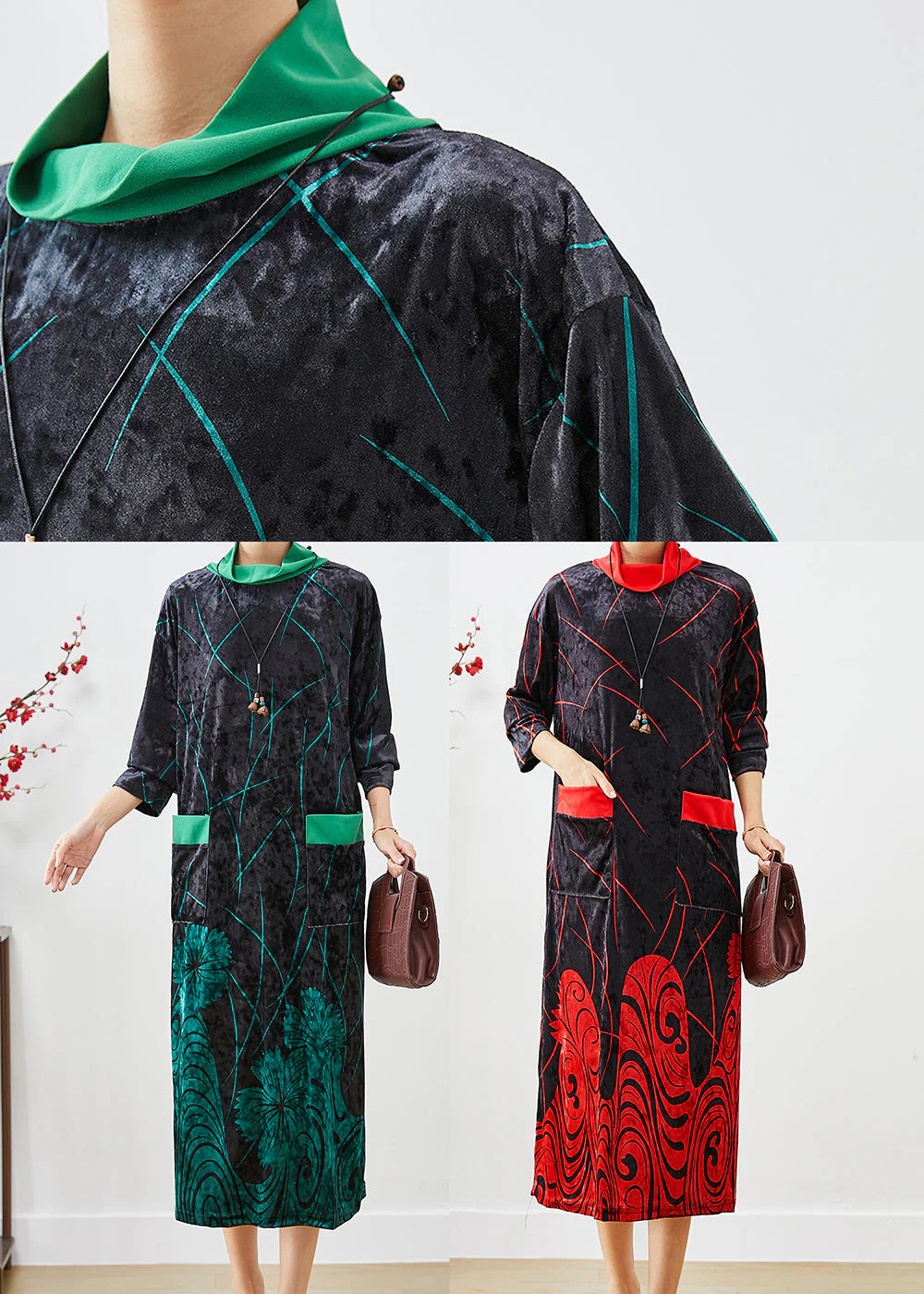 Green Print Silk Velour Maxi Dresses Turtle Neck Half Sleeve - Image 5