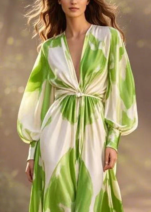 Green Print Wrinkled Chiffon Dress V Neck Spring - Image 2