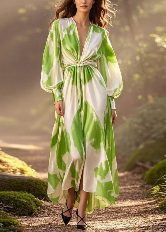Green Print Wrinkled Chiffon Dress V Neck Spring - Image 3