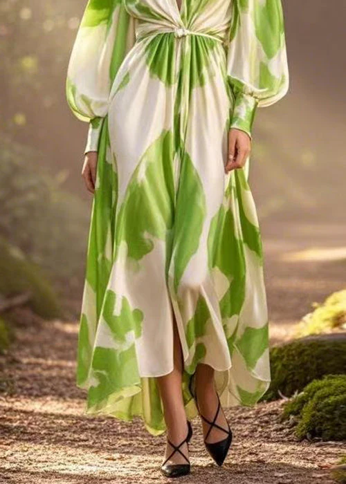 Green Print Wrinkled Chiffon Dress V Neck Spring - Image 4