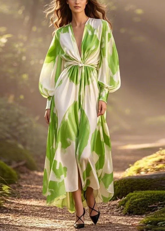 Green Print Wrinkled Chiffon Dress V Neck Spring - Image 5