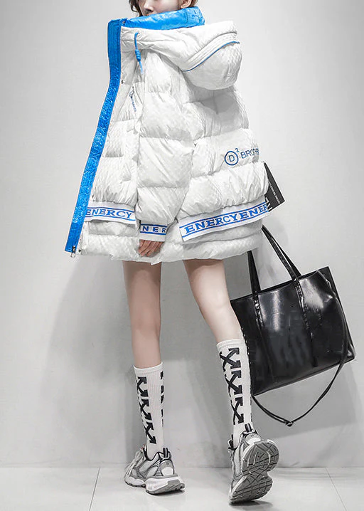 Green Print Zippered Oversized Duck Down Winter Coat Hooded - Image 4