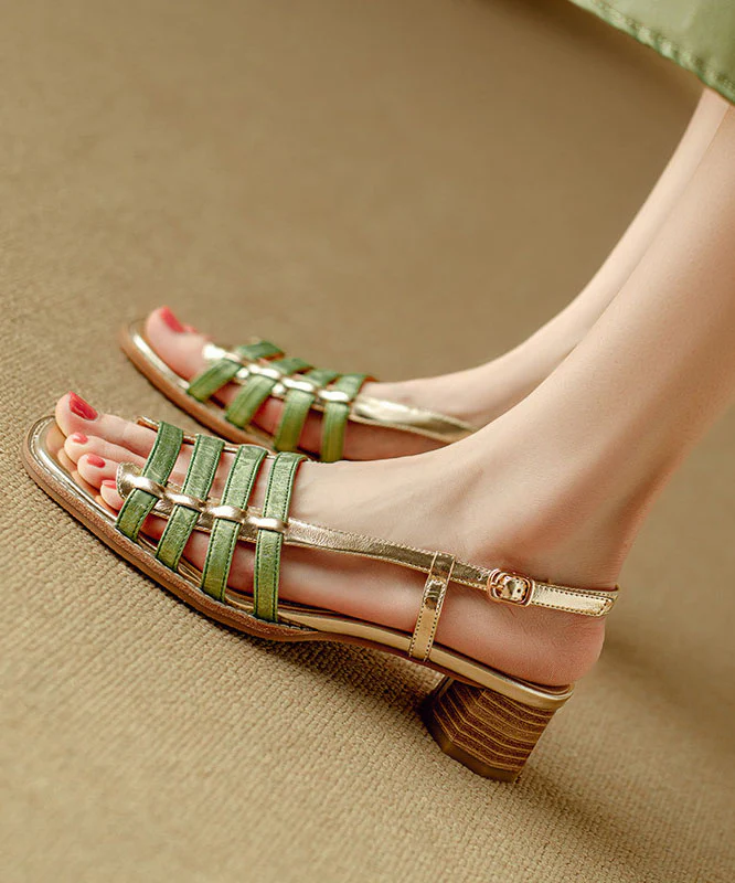 Green Sandals Chunky Cowhide Leather Chic Splicing Peep Toe - Image 3