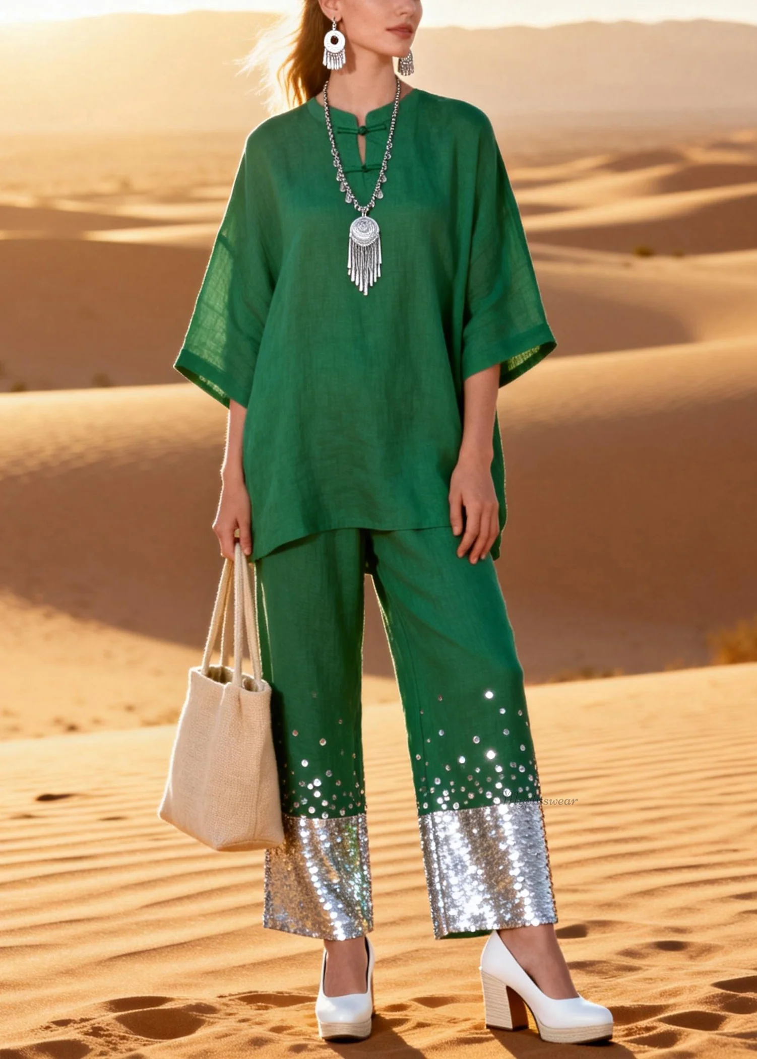 Green Sequins Shirts And Crop Pants Patchwork Linen Two Pieces Set O Neck Half Sleeve - Image 3