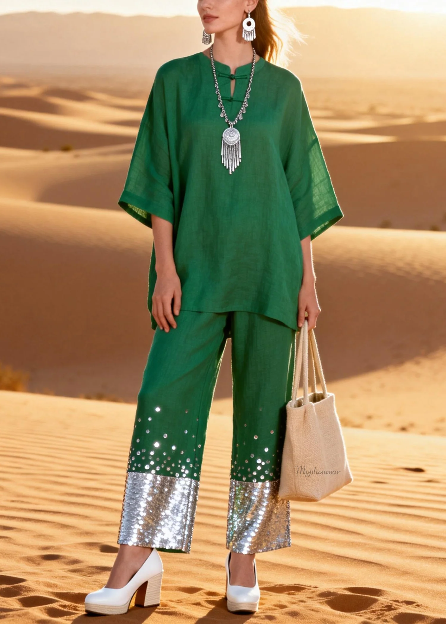 Green Sequins Shirts And Crop Pants Patchwork Linen Two Pieces Set O Neck Half Sleeve - Image 5