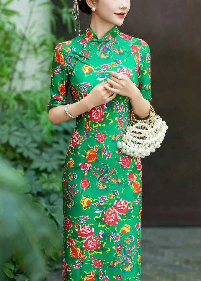 Green Side Open Cotton Dress Stand Collar Short Sleeve - Image 4