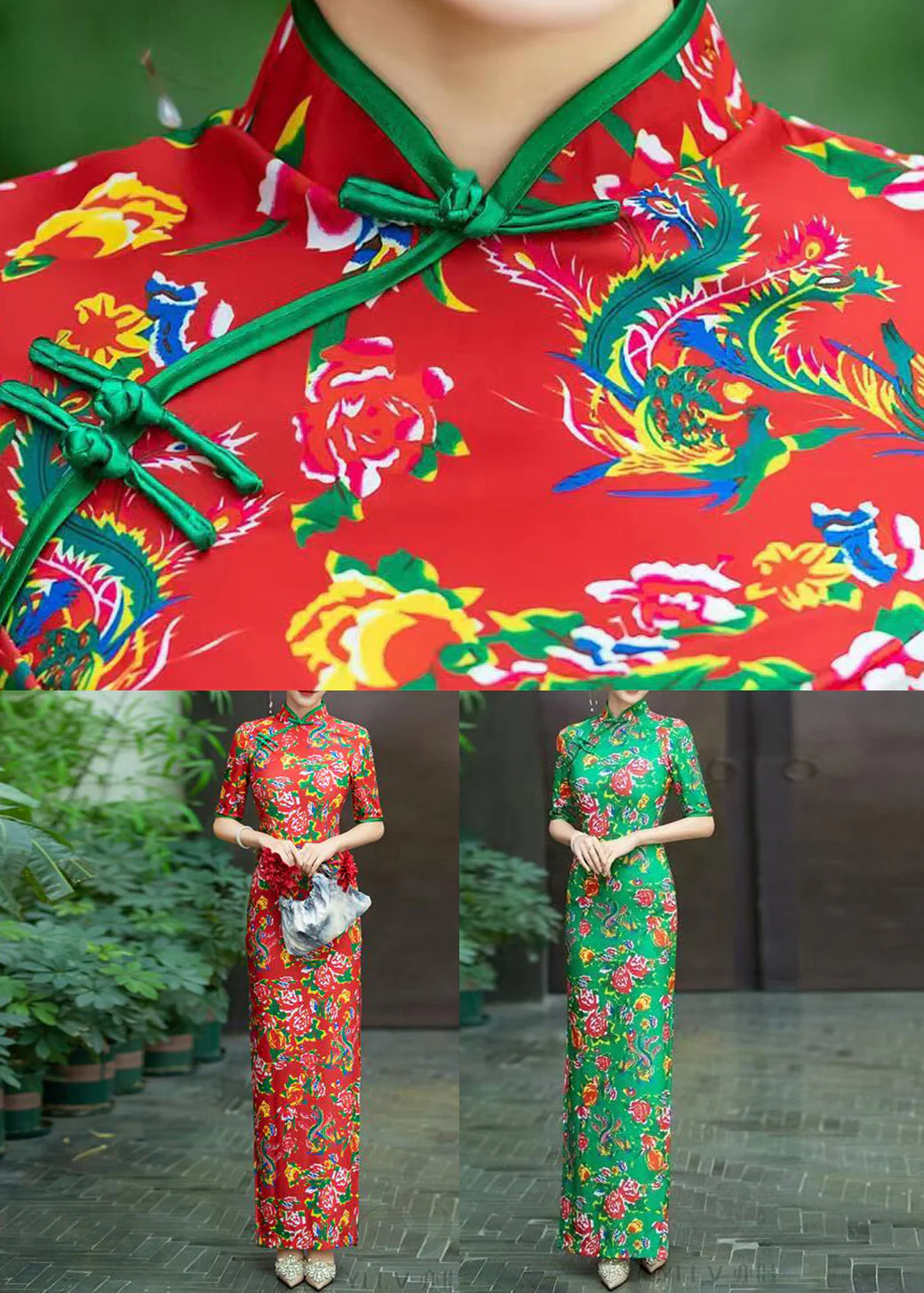 Green Side Open Cotton Dress Stand Collar Short Sleeve - Image 5
