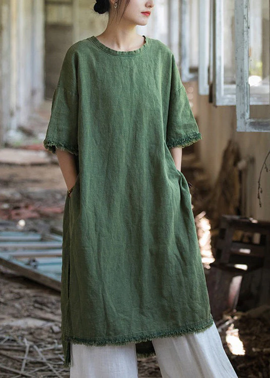 Green Side Open Linen T Shirt Dress O Neck Short Sleeve - Image 2