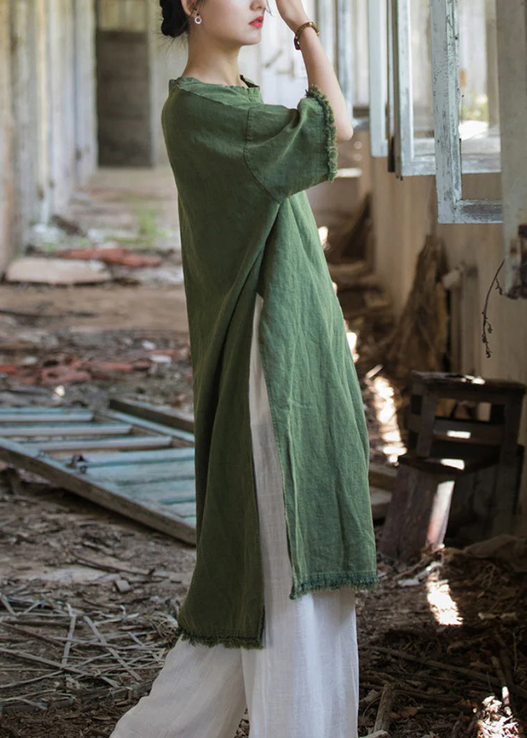 Green Side Open Linen T Shirt Dress O Neck Short Sleeve - Image 3