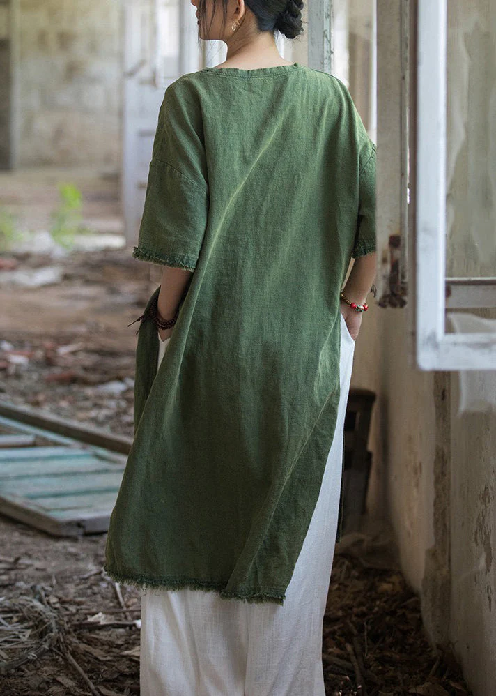 Green Side Open Linen T Shirt Dress O Neck Short Sleeve - Image 4